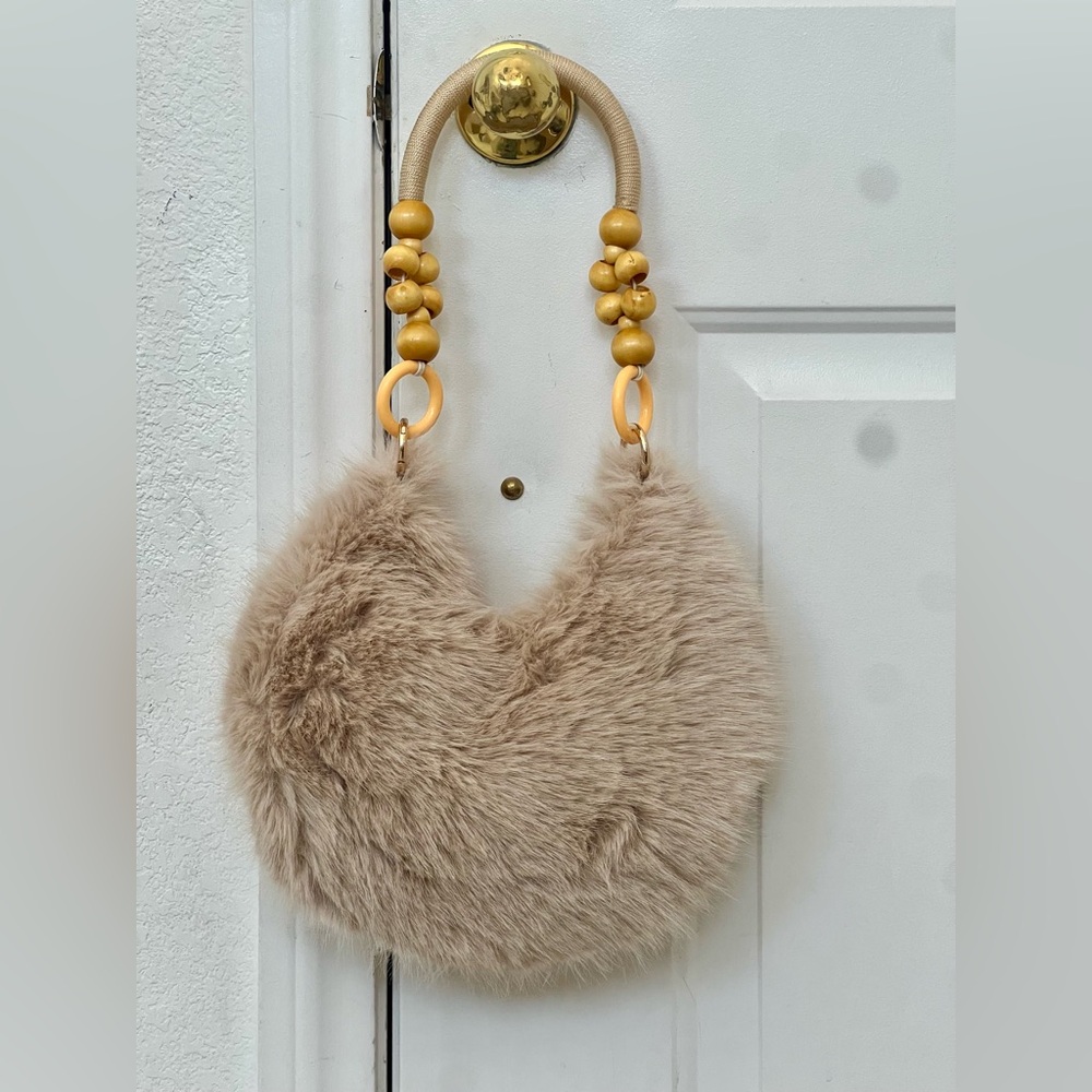 Plush Faux Fur Hobo Bag in Beige with Beaded Handle - Picture 2 of 3